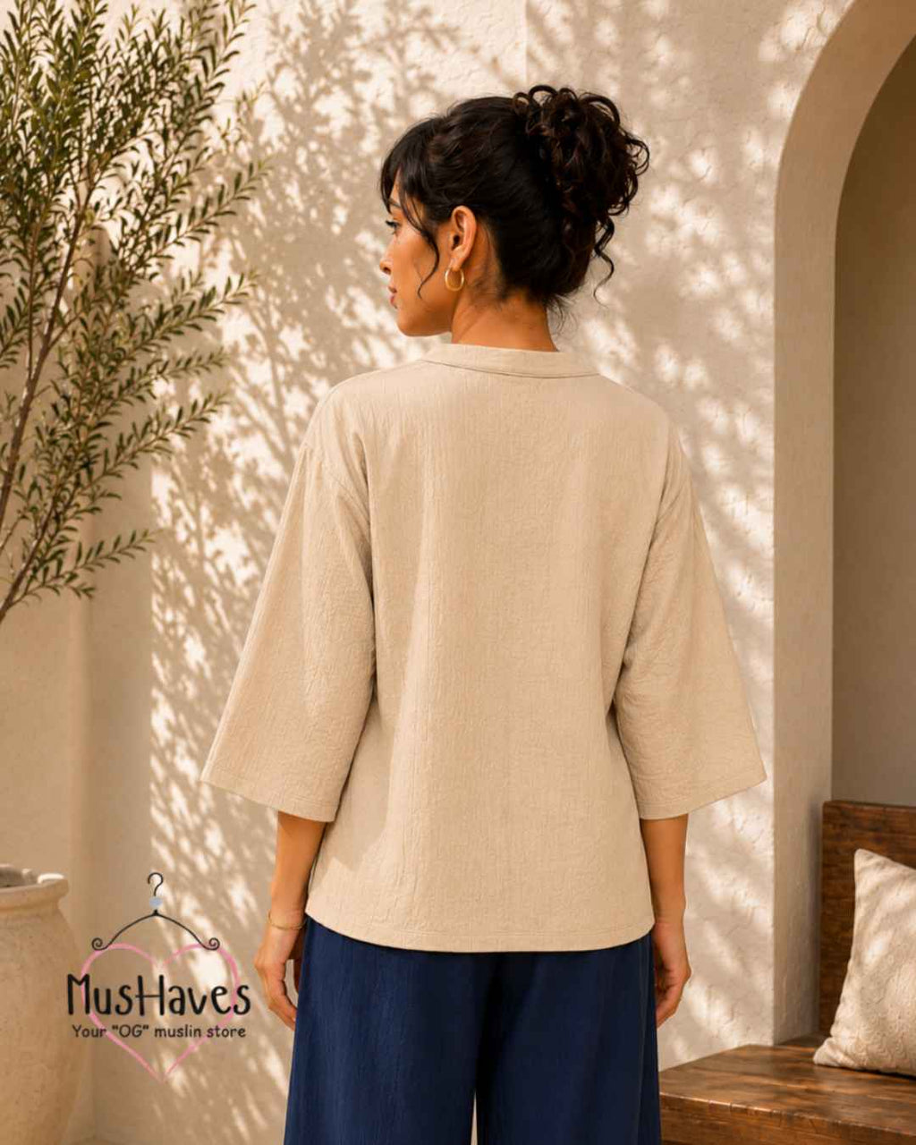 Breezy Muslin A Line V Neck Top – Beige