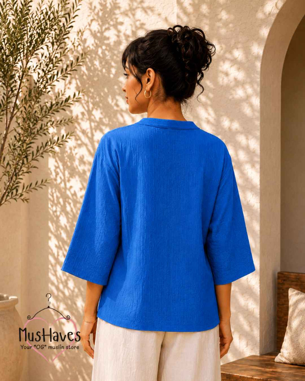 Breezy Muslin A Line V Neck Top – Bright Blue