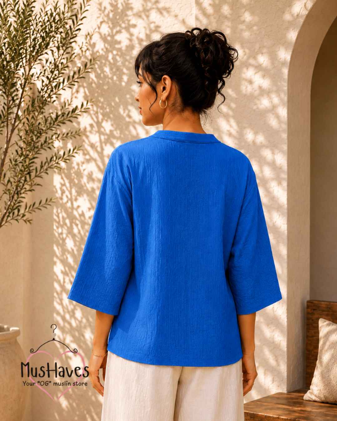 Breezy Muslin A Line V Neck Top – Bright Blue