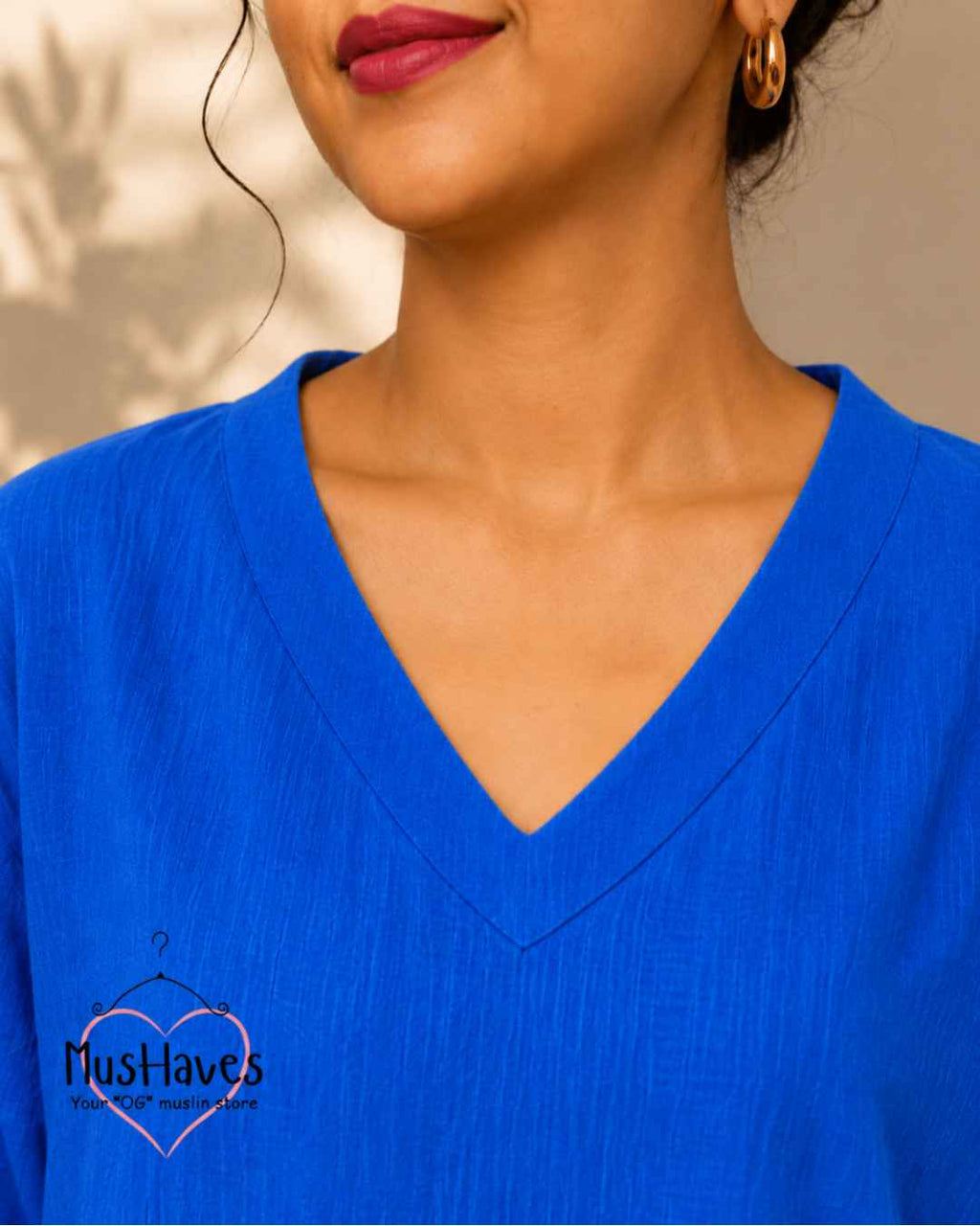 Breezy Muslin A Line V Neck Top – Bright Blue