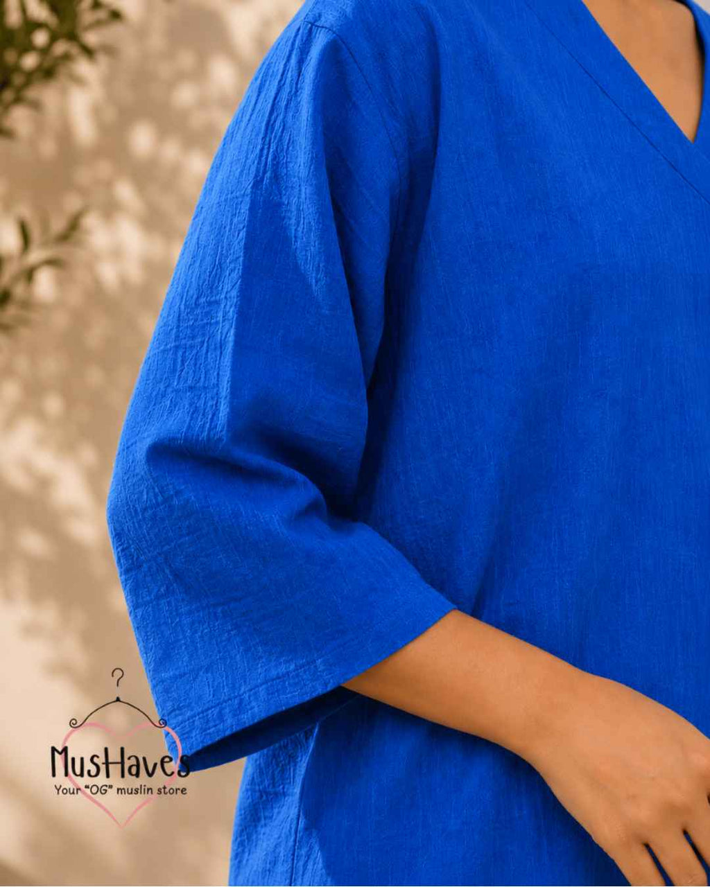 Breezy Muslin A Line V Neck Top – Bright Blue