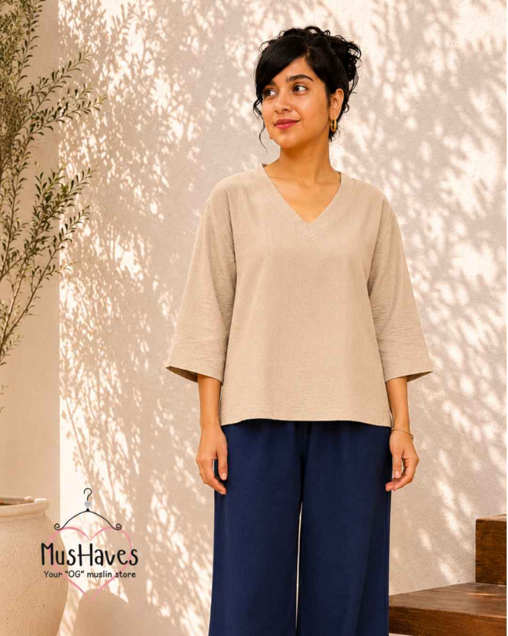 Breezy Muslin A Line V Neck Top – Beige