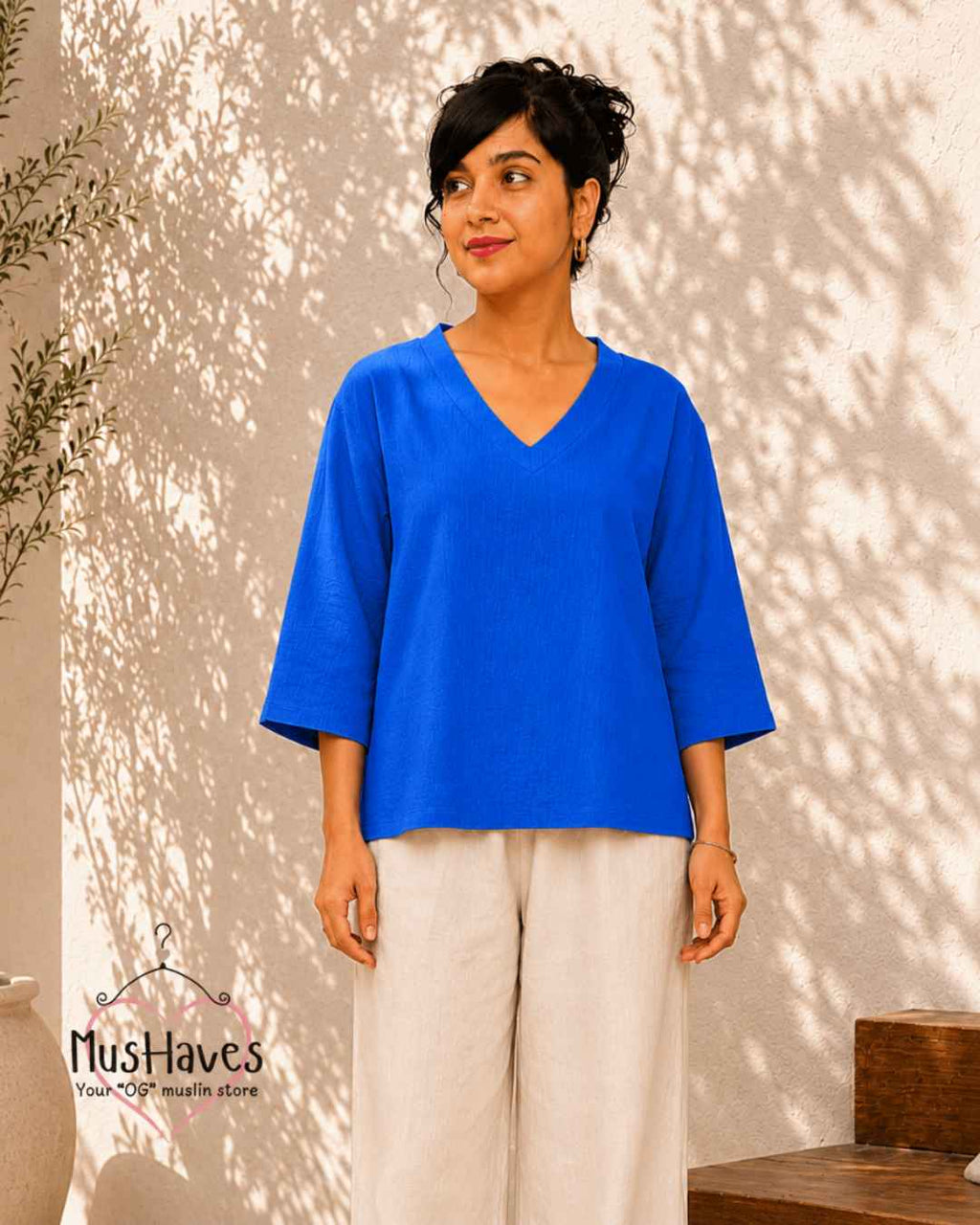 Breezy Muslin A Line V Neck Top – Bright Blue
