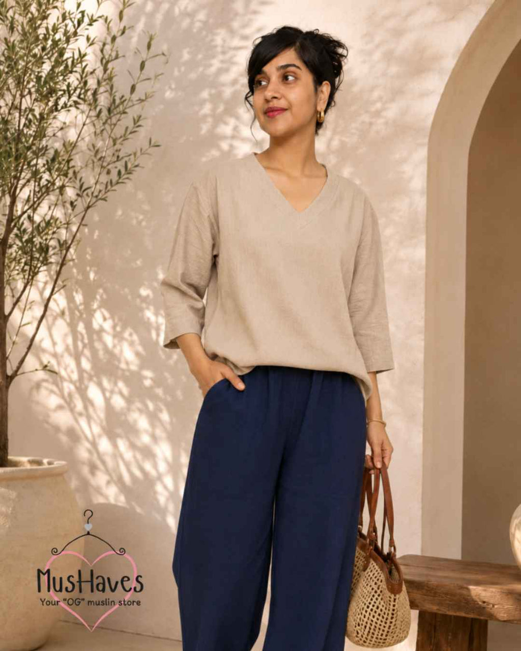Breezy Muslin A Line V Neck Top – Beige