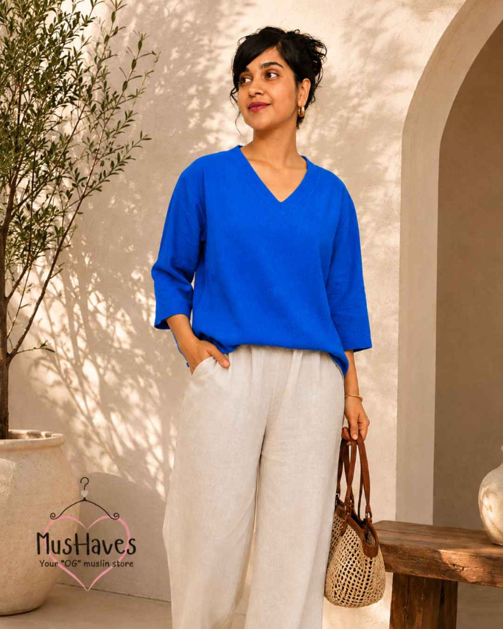 Breezy Muslin A Line V Neck Top – Bright Blue