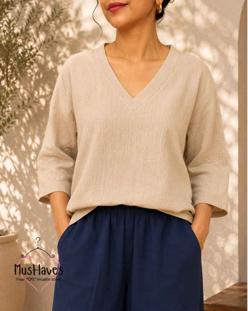 Breezy Muslin A Line V Neck Top – Beige