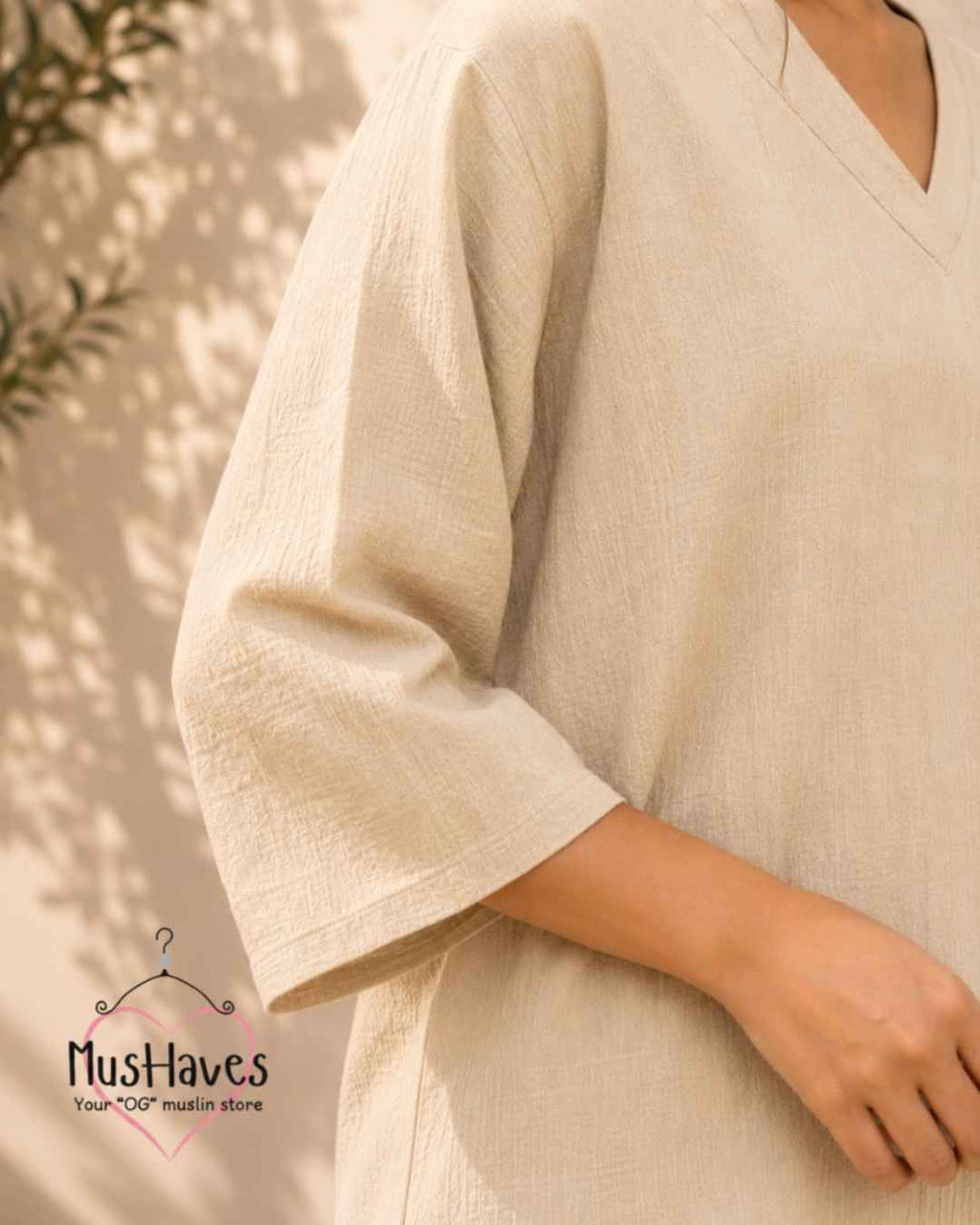 Breezy Muslin A Line V Neck Top – Beige