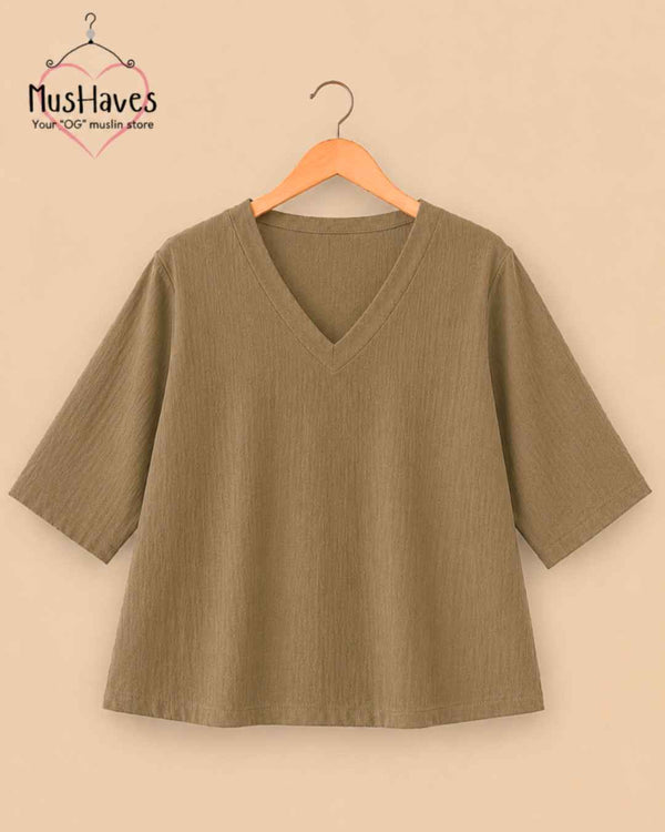 Breezy Muslin A Line V Neck Top – Olive Brown