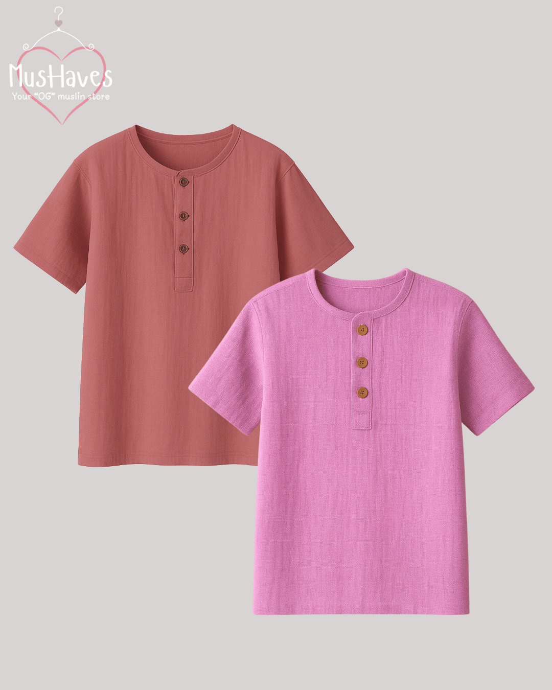 Premium Henley Teeshirt Combo Of Pink - Soft Pink + Rust Pink