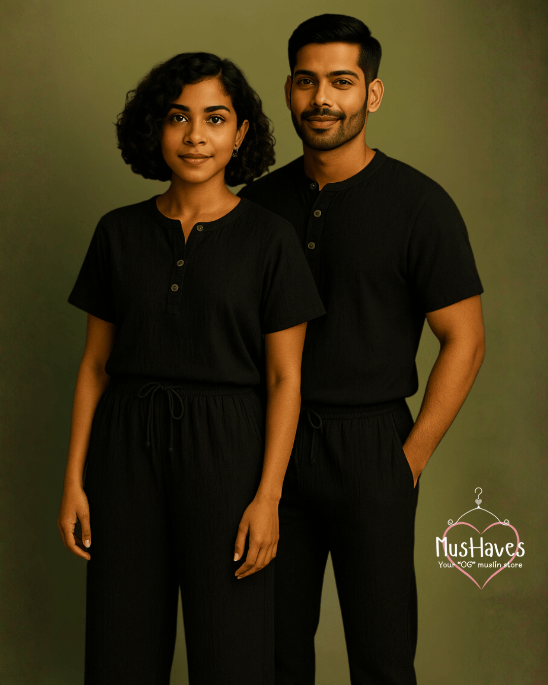 Henley Coord | Premium Muslin | Unisex | Charcoal Black