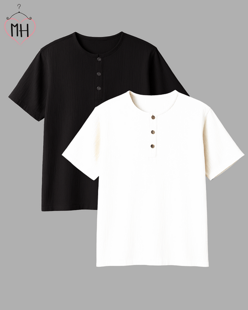 Unisex Organic Cotton Muslin T-Shirt – 100% Double Gauze, Loose Fit, Breathable black + white Tee
