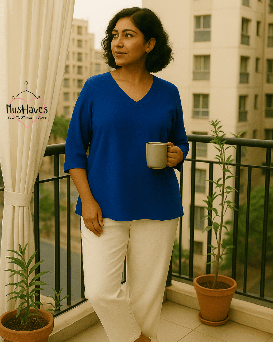 Premium Muslin Combo set | A-Line Teeshirt + Bottoms | Cobalt Blue + Pearl White