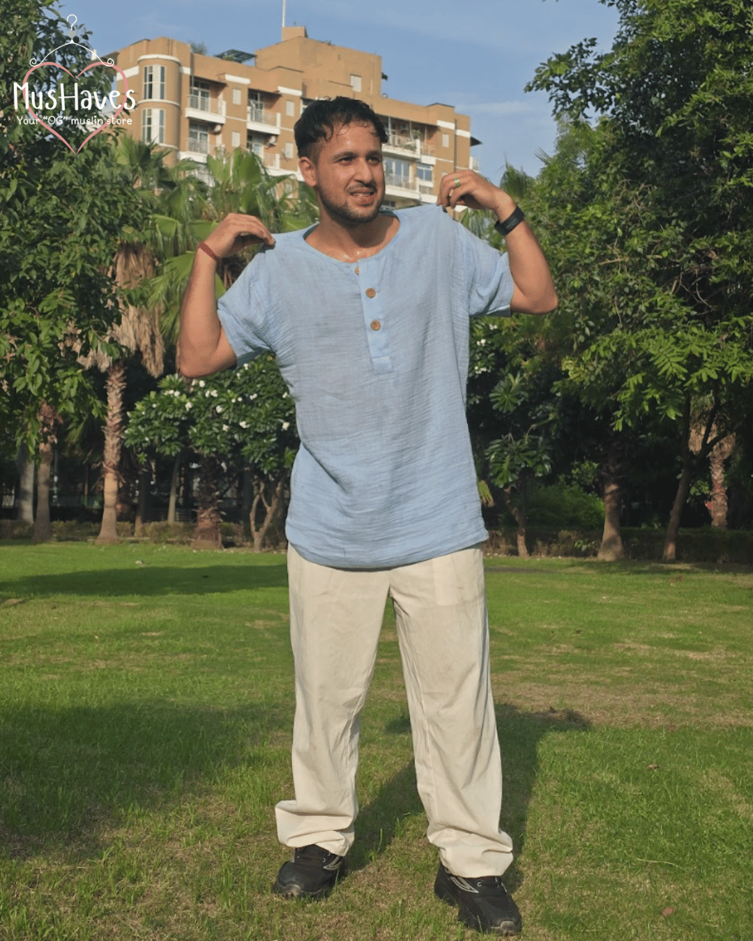 Premium Muslin Combo set | Teeshirt + Bottoms | Powder Blue + White