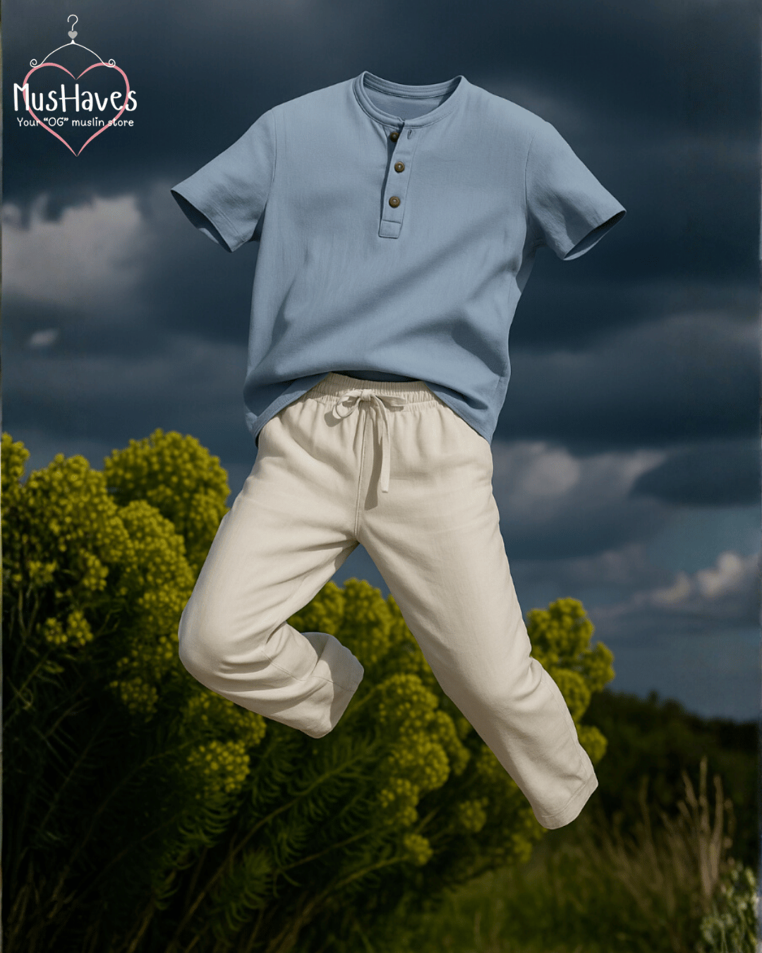 Muslin Henley & Regular Fit Bottoms Curated Set – Powder Blue × White