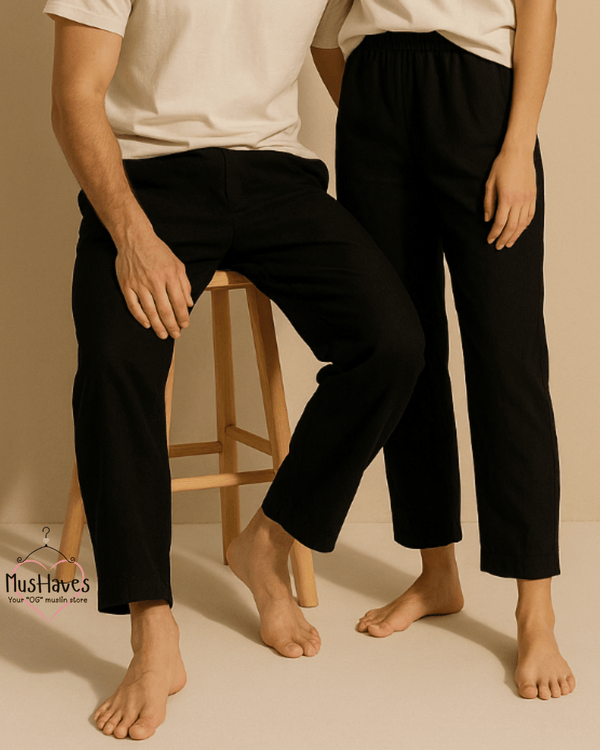 Breezy Muslin Relaxed Bottoms – Charcoal Black