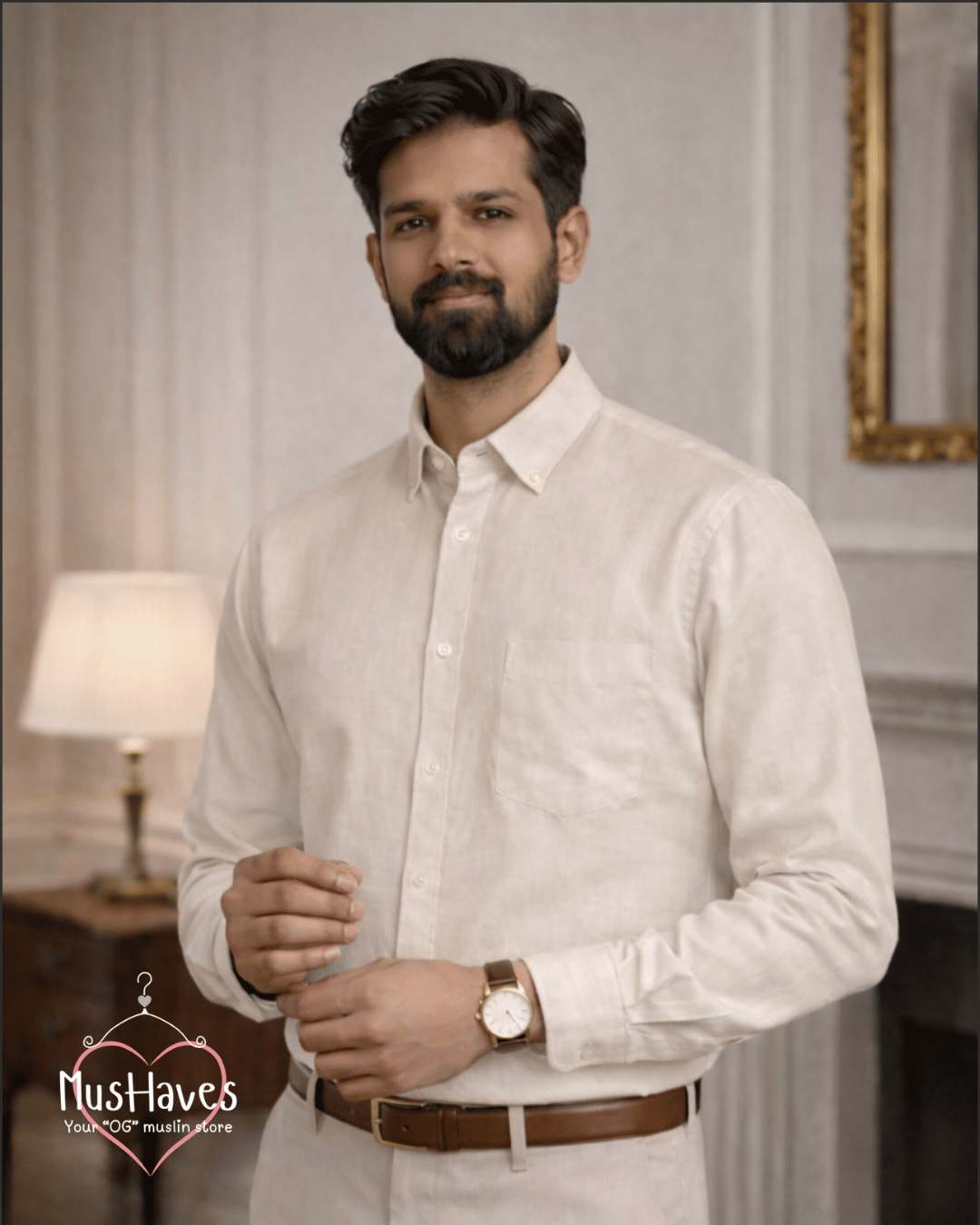 Muslin Oxford Collar Formal Shirt – Light Beige