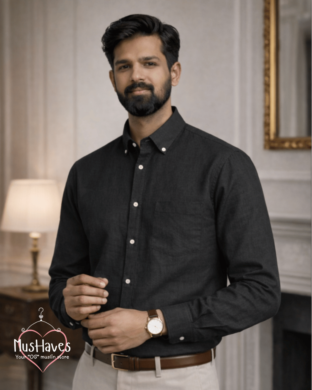 Muslin Oxford Collar Formal Shirt – Charcoal Black