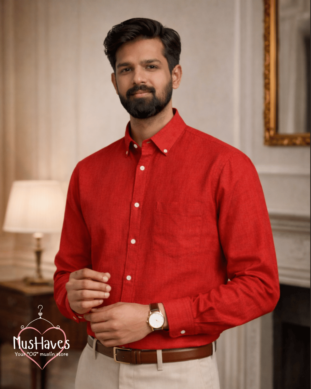Muslin Oxford Collar Formal Shirt – Bright Red
