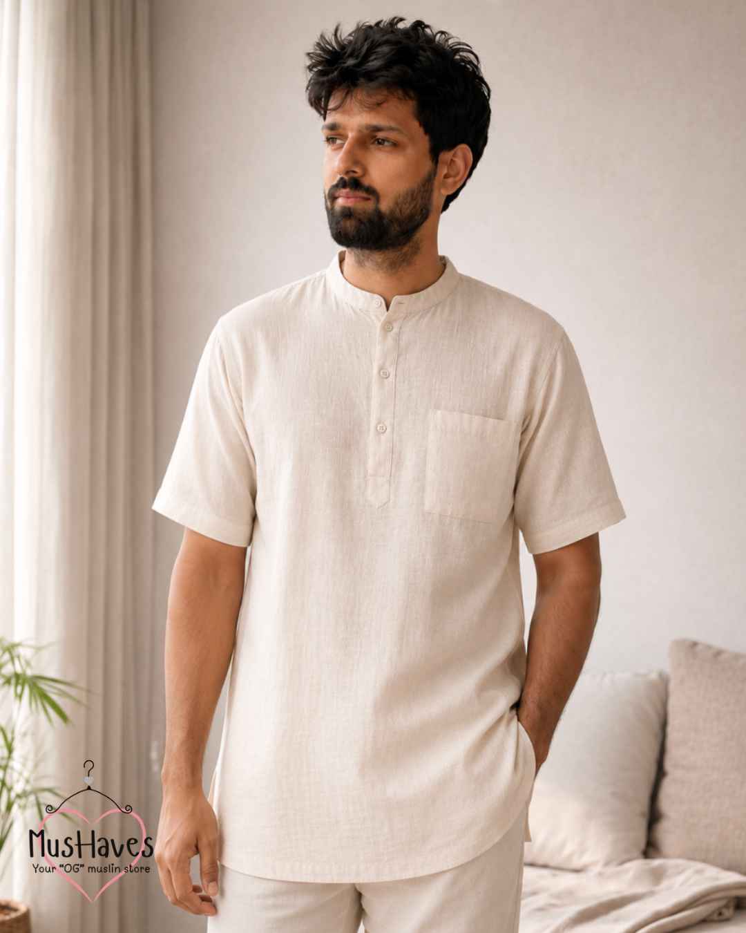 Classic Muslin Bandhgala Short Kurta – Light Beige