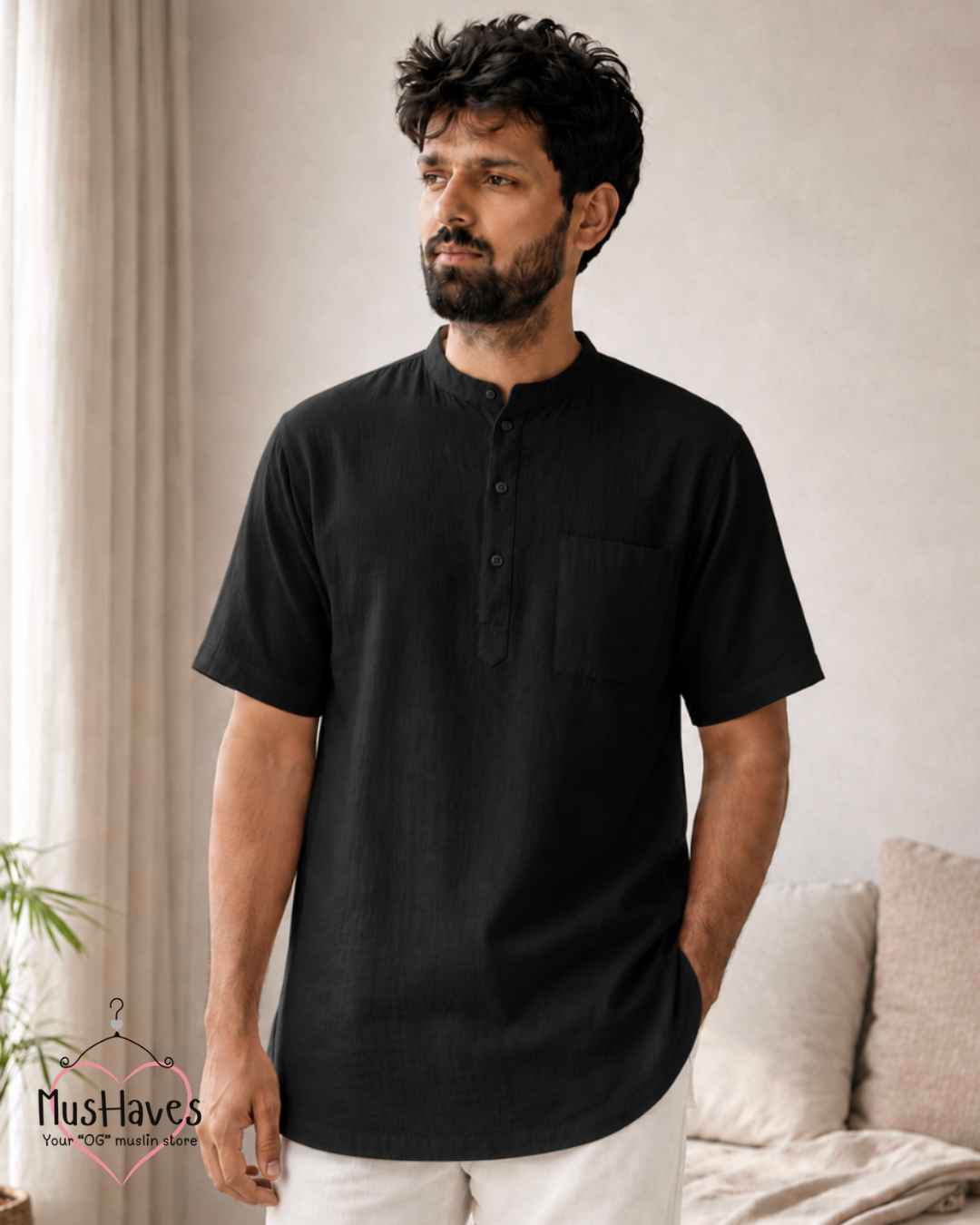 Classic Muslin Bandhgala Short Kurta – Charcoal Black