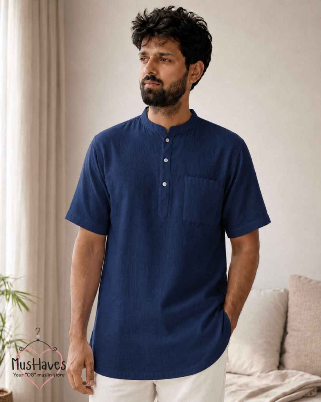 Classic Muslin Bandhgala Short Kurta – Royal Blue