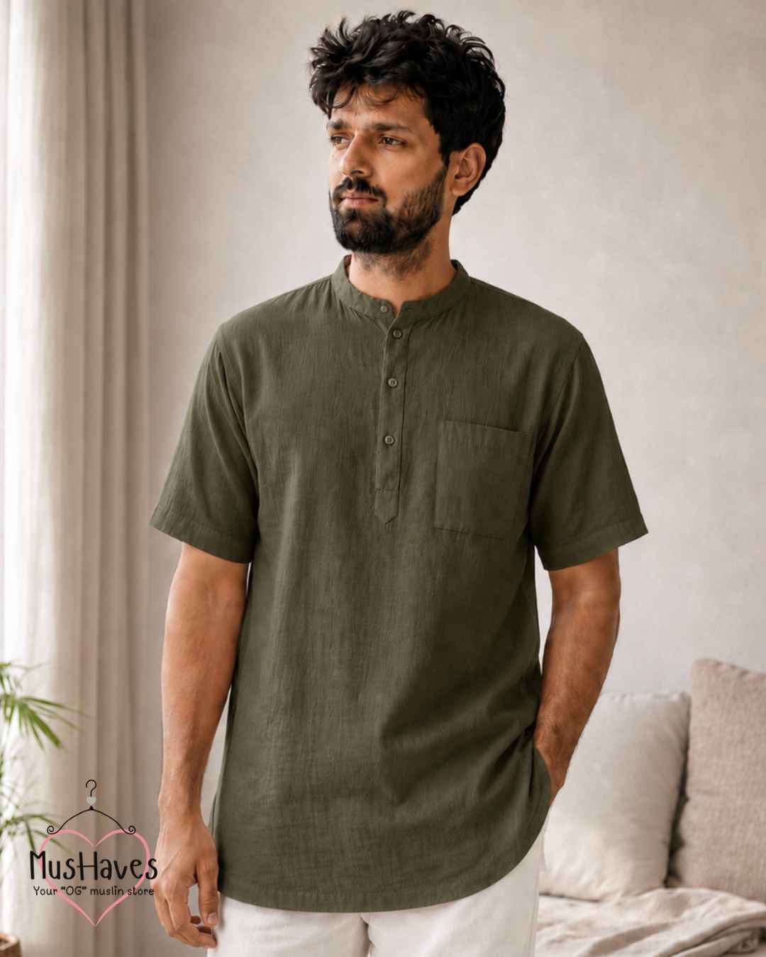 Classic Muslin Bandhgala Short Kurta – Olive Green