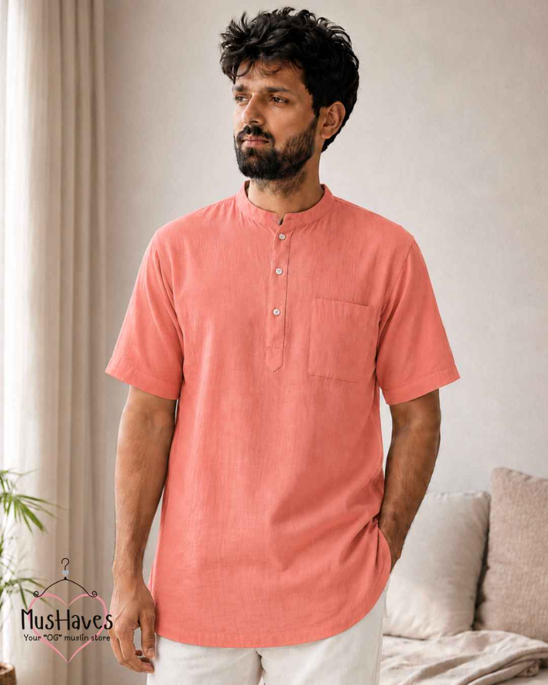 Classic Muslin Bandhgala Short Kurta – Melon Pulp