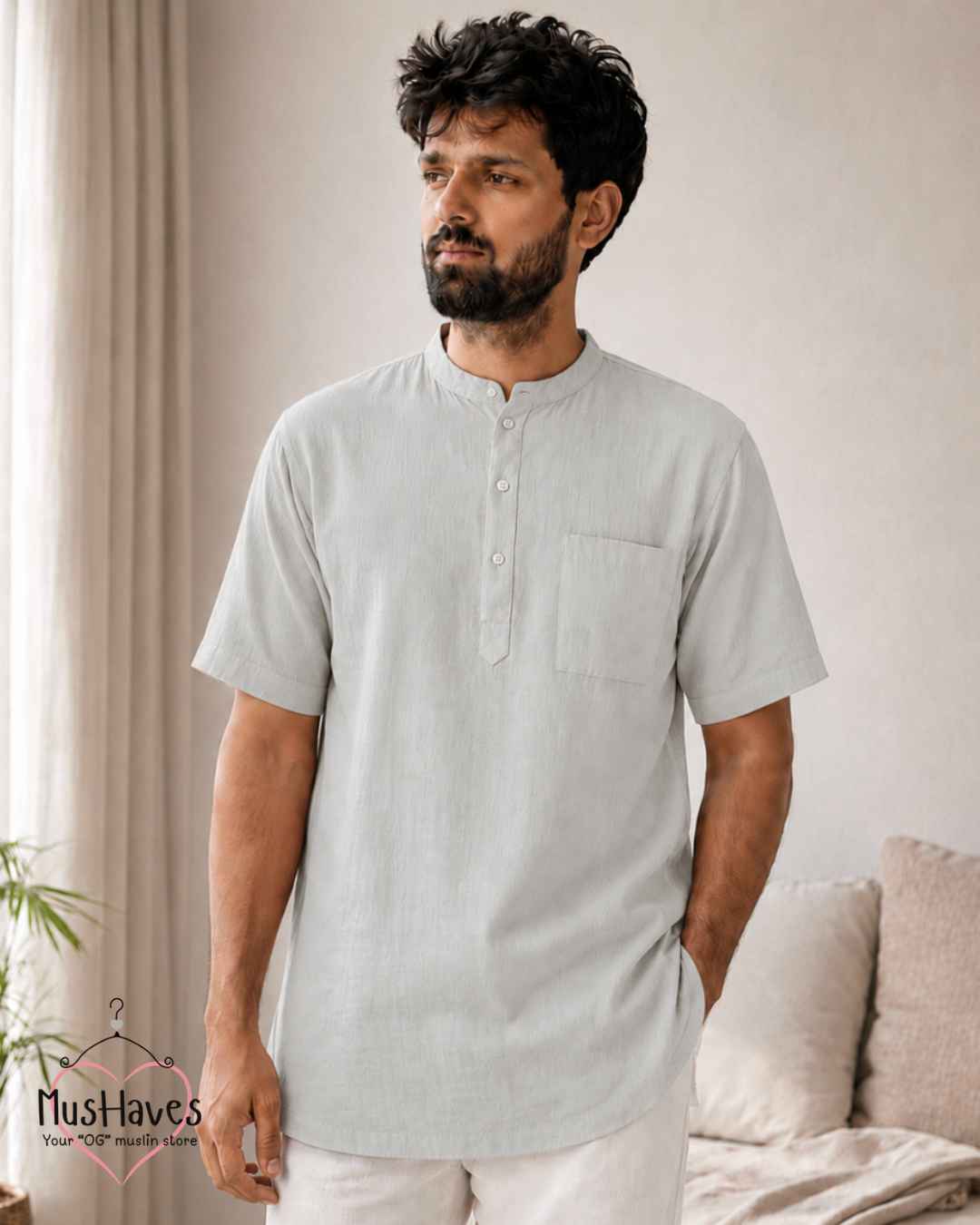 Classic Muslin Bandhgala Short Kurta – Sage Grey