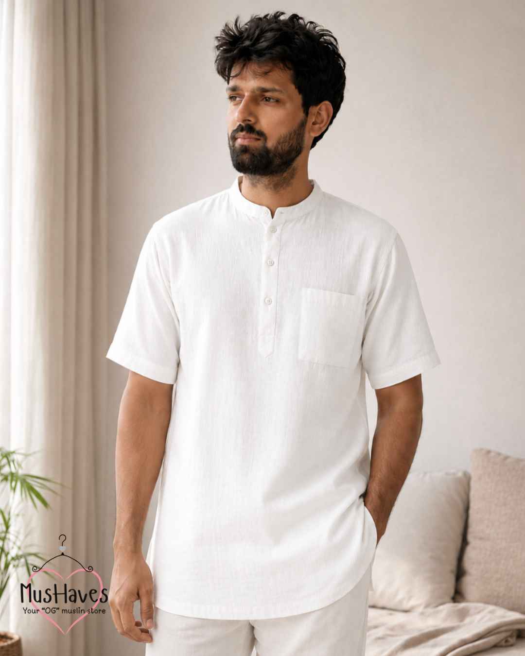 Classic Muslin Bandhgala Short Kurta – Pearl White