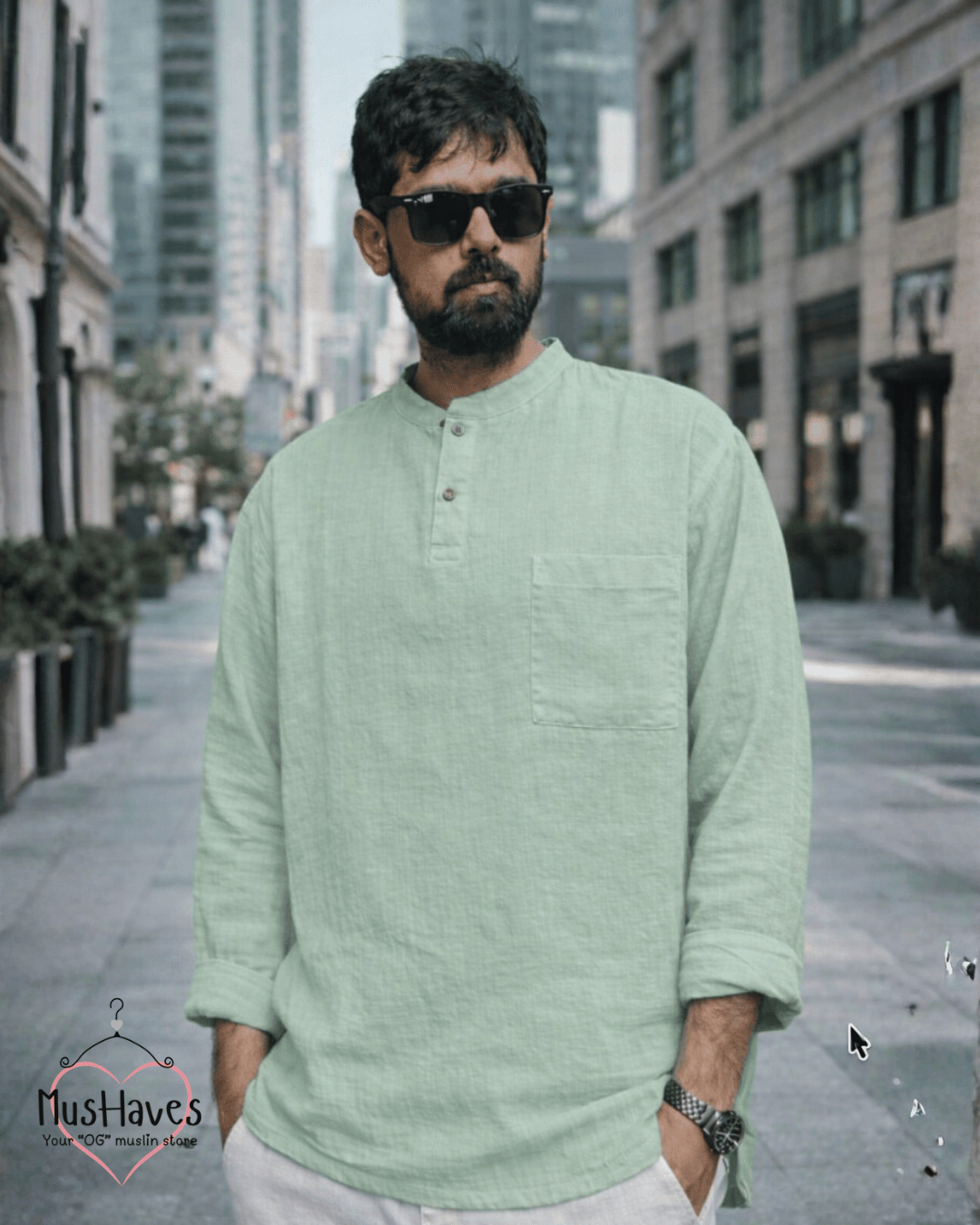Premium Mulmul Kurta Teeshirt | 100% Organic Cotton | Men | Mushaves Classic | Mint Green