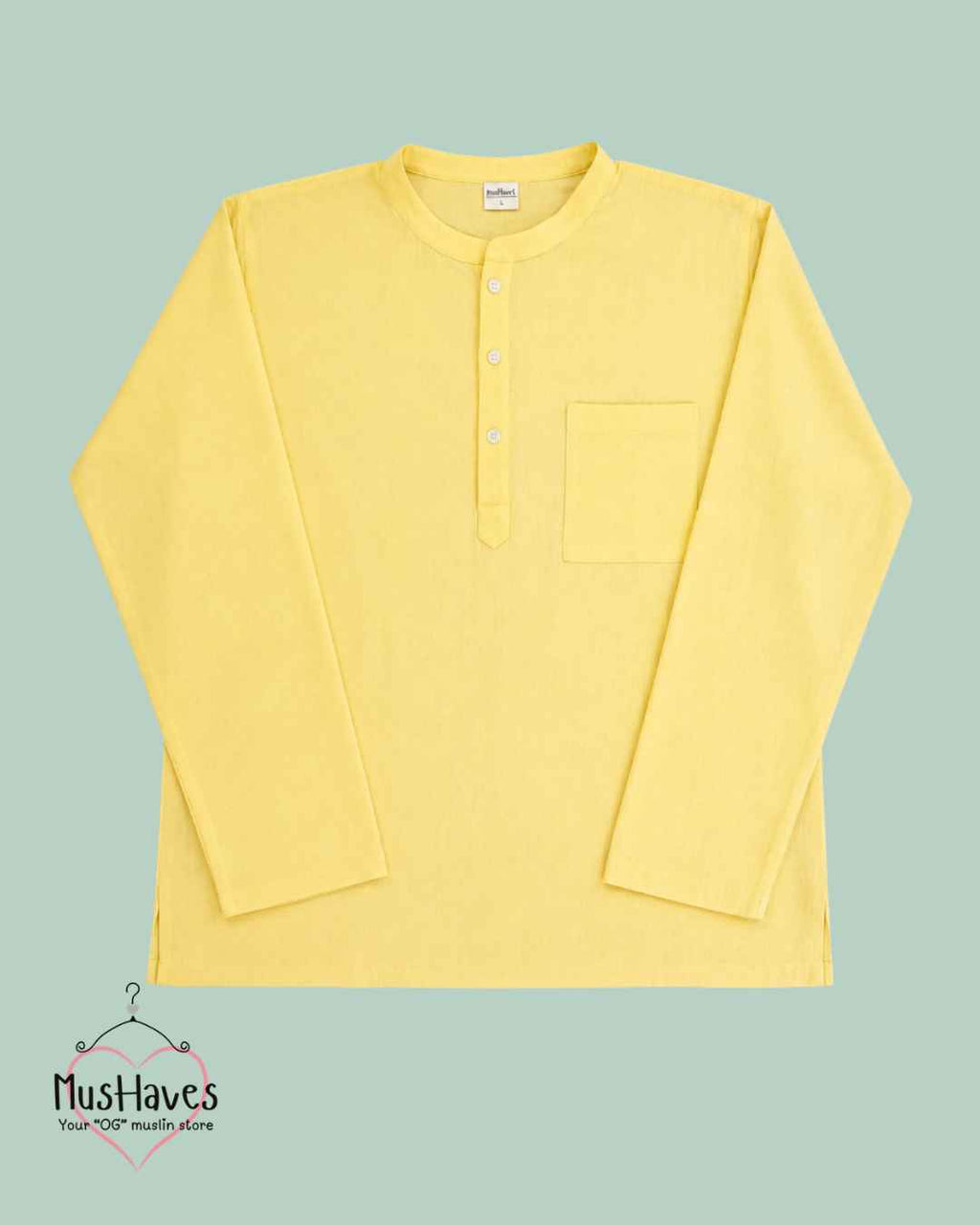 Classic Muslin Bandhgala Short Kurta – Lemon Yellow