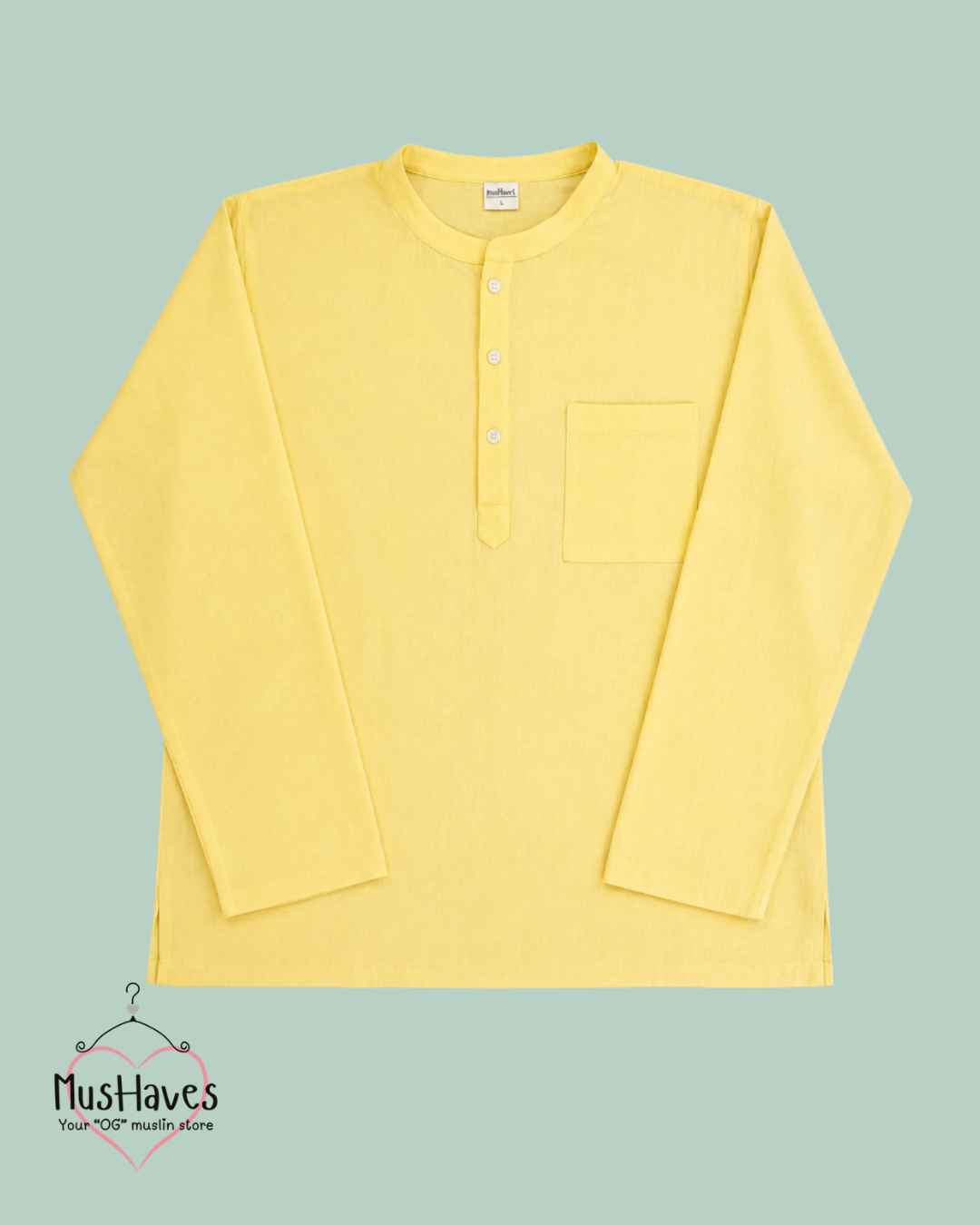 Classic Muslin Bandhgala Short Kurta – Lemon Yellow