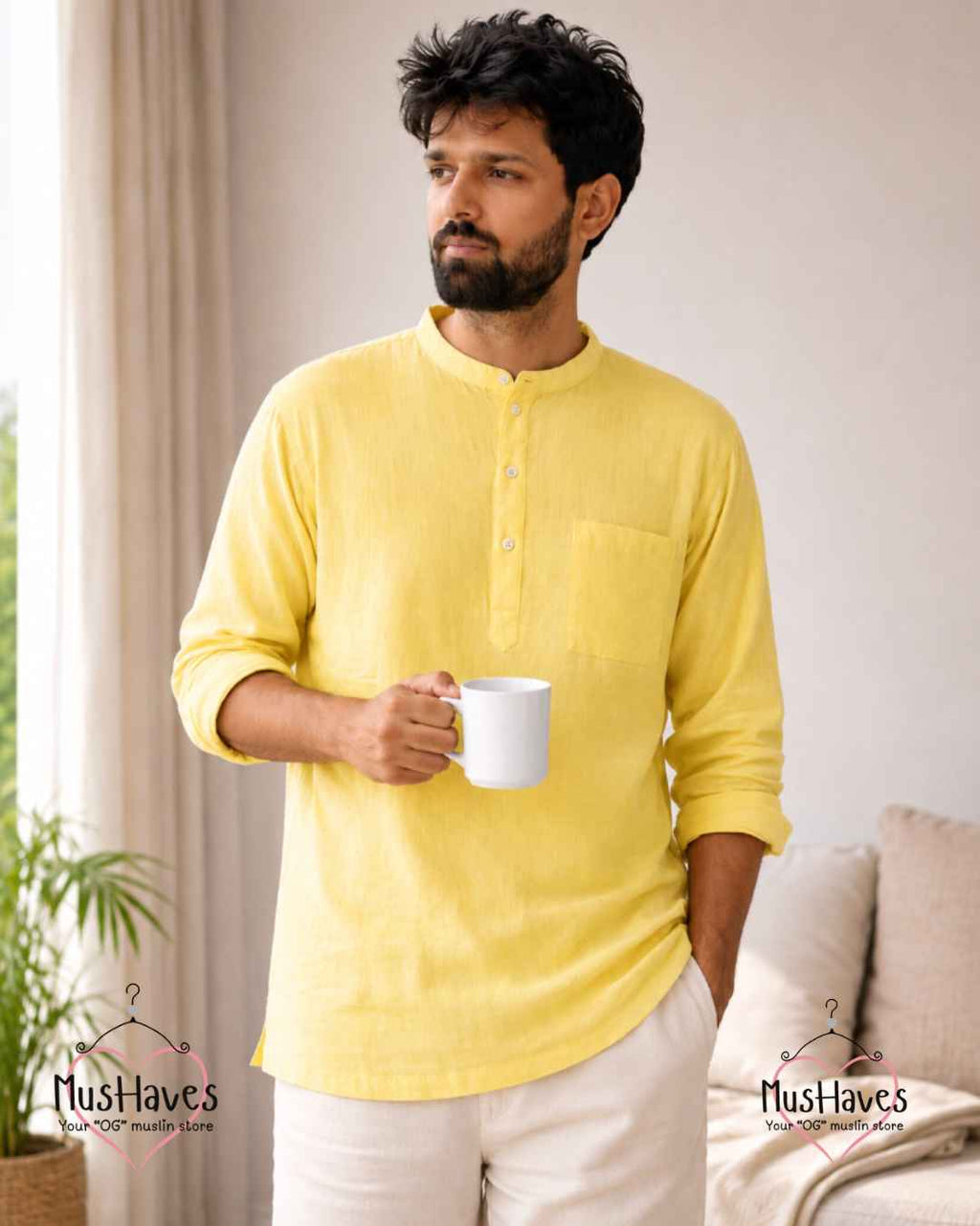 Classic Muslin Bandhgala Short Kurta – Lemon Yellow