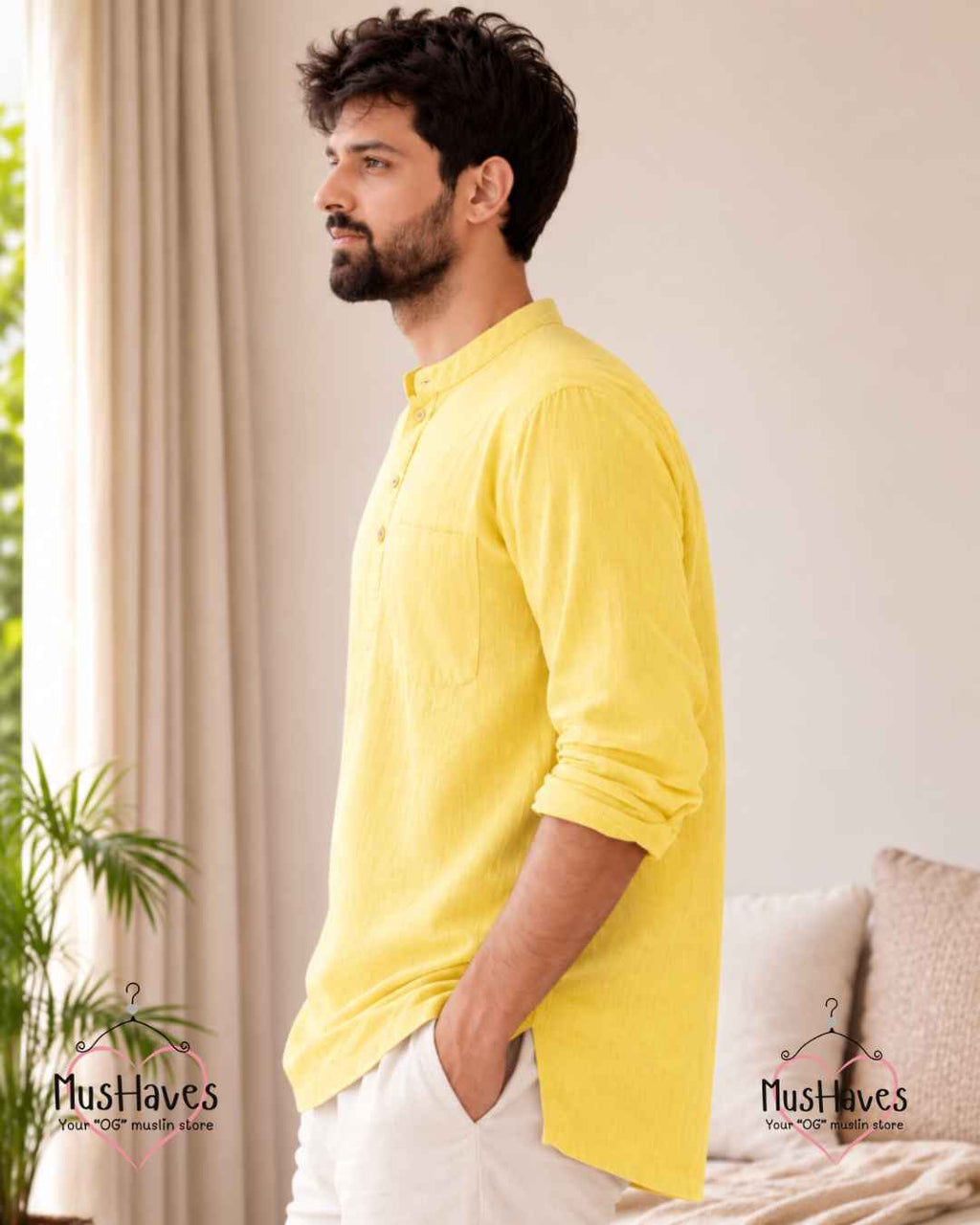 Classic Muslin Bandhgala Short Kurta – Lemon Yellow
