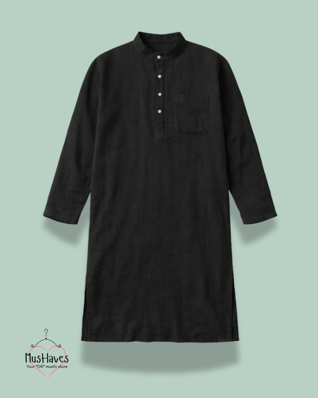 Festive Muslin Bandhgala Long Kurta – Charcoal Black