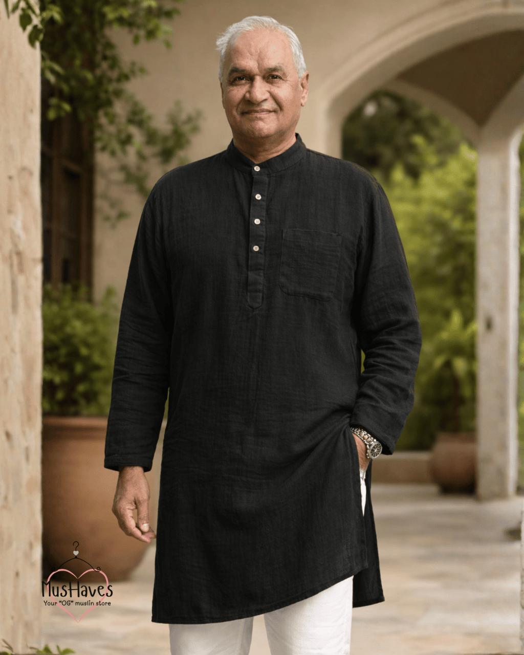 Festive Muslin Bandhgala Long Kurta – Charcoal Black