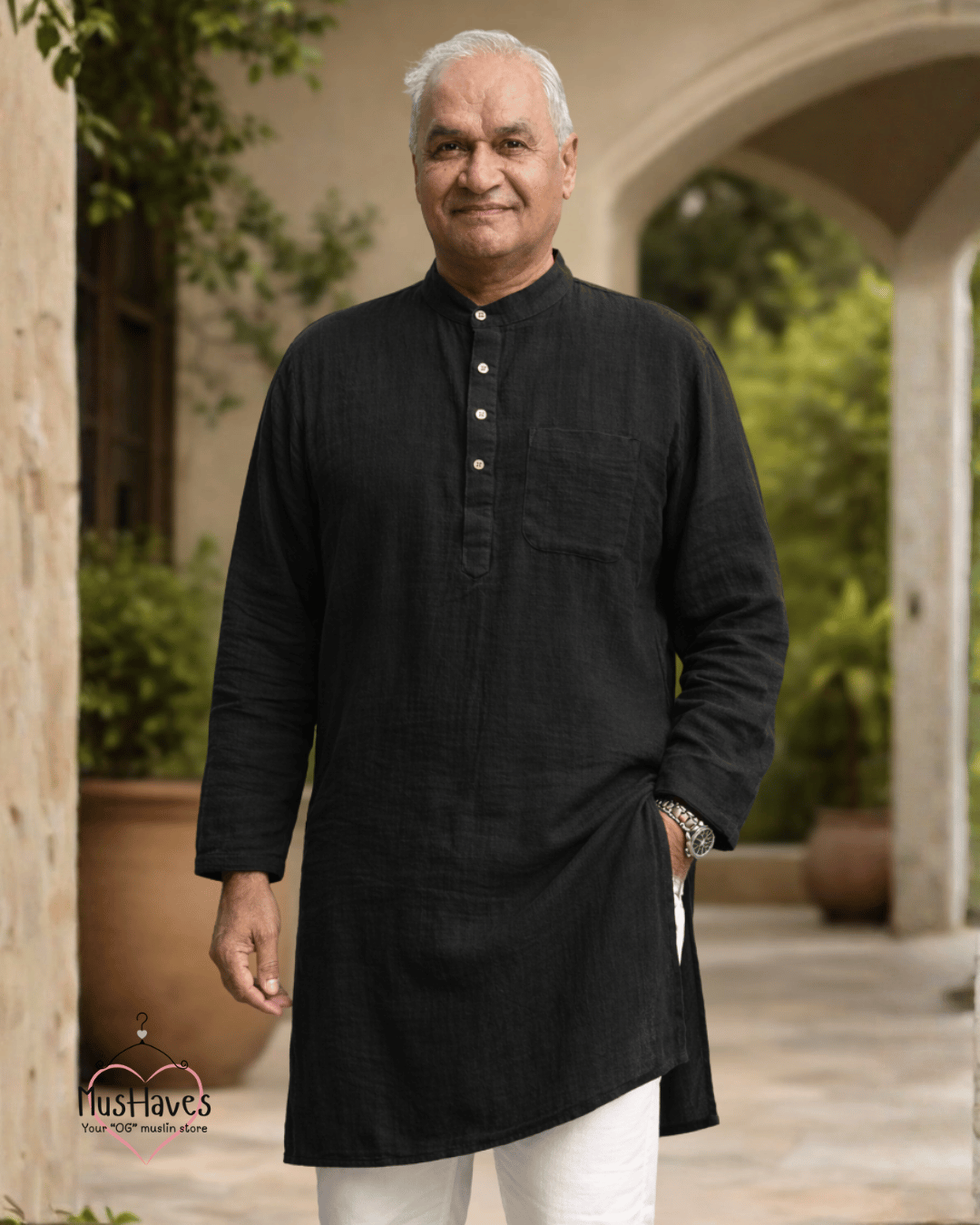 Festive Muslin Bandhgala Long Kurta – Charcoal Black