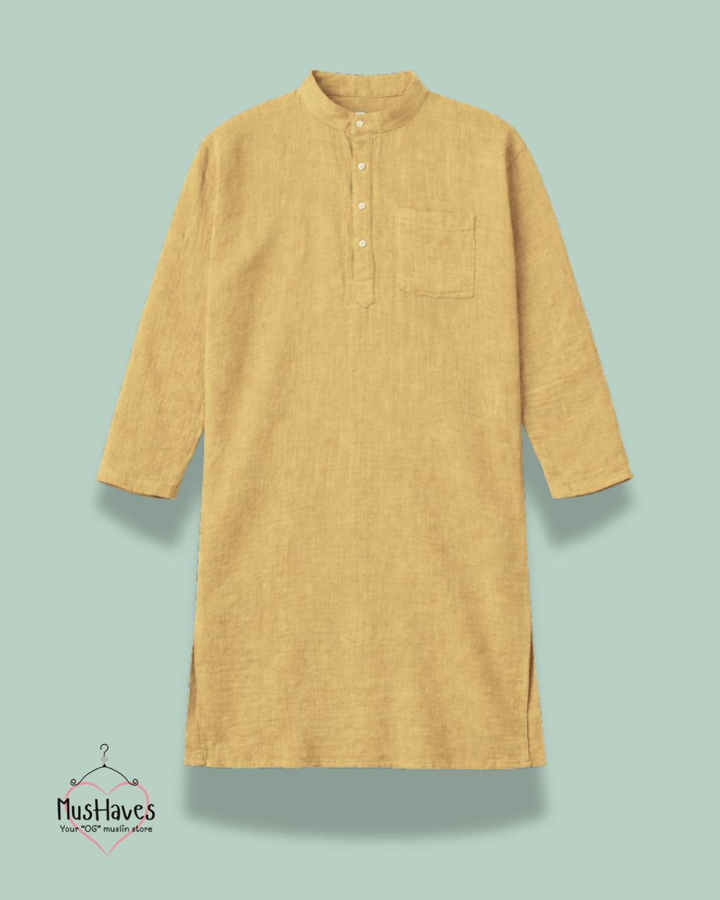 Festive Muslin Bandhgala Long Kurta – Mustard