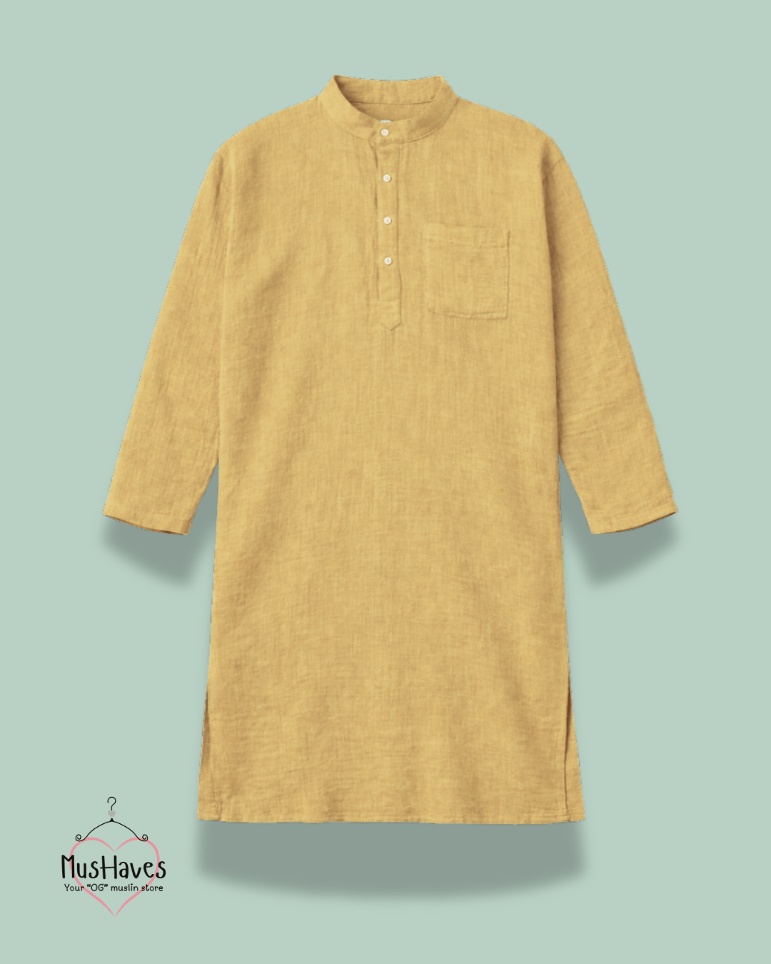 Premium Mulmul Long Kurta | 100% Organic Cotton | Men | Mushaves Classic | Mustard Yellow