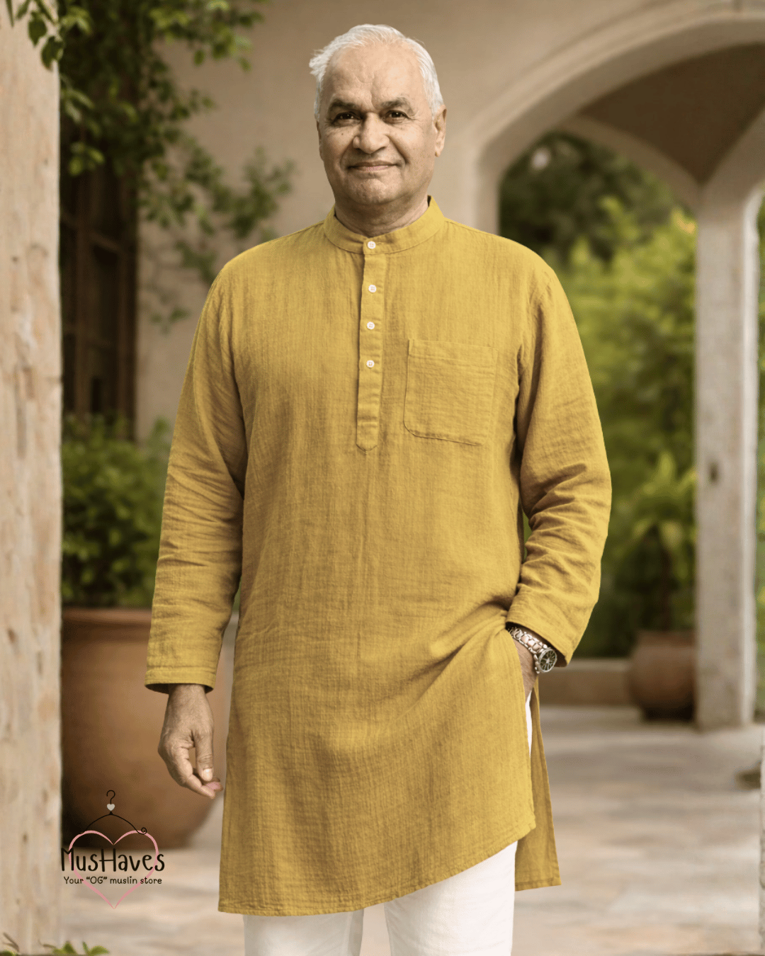 Premium Mulmul Long Kurta | 100% Organic Cotton | Men | Mushaves Classic | Mustard Yellow