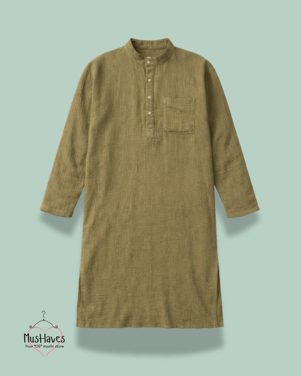 Premium Mulmul Long Kurta | 100% Organic Cotton | Men | Mushaves Classic | Olive Green