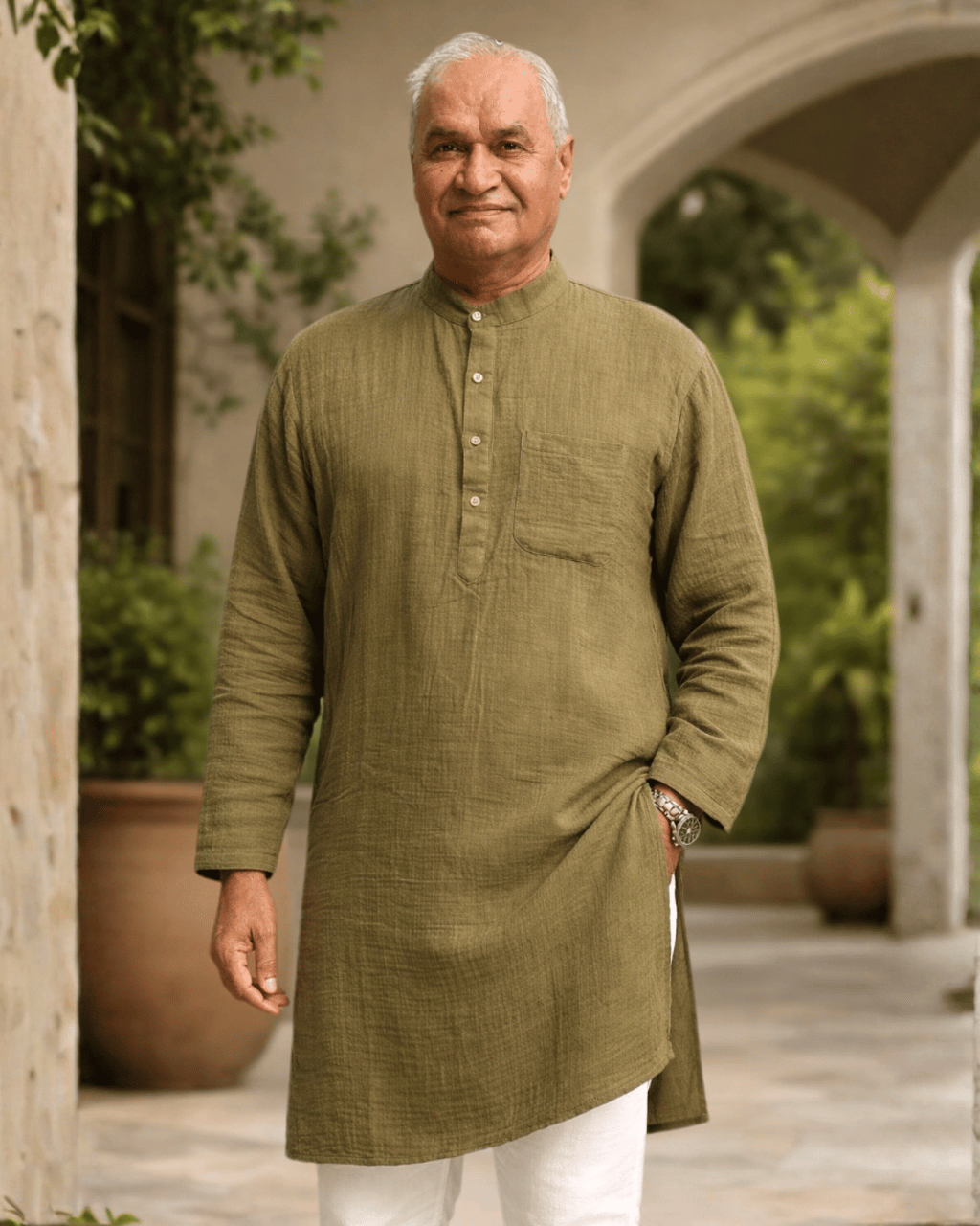 Premium Mulmul Long Kurta | 100% Organic Cotton | Men | Mushaves Classic | Olive Green