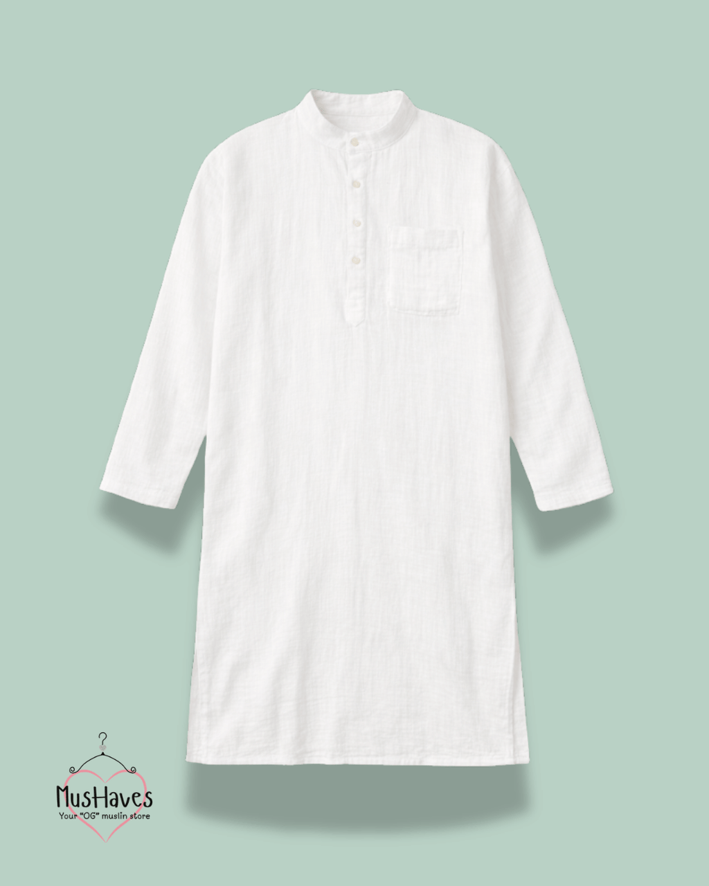 Festive Muslin Bandhgala Long Kurta – Pearl White