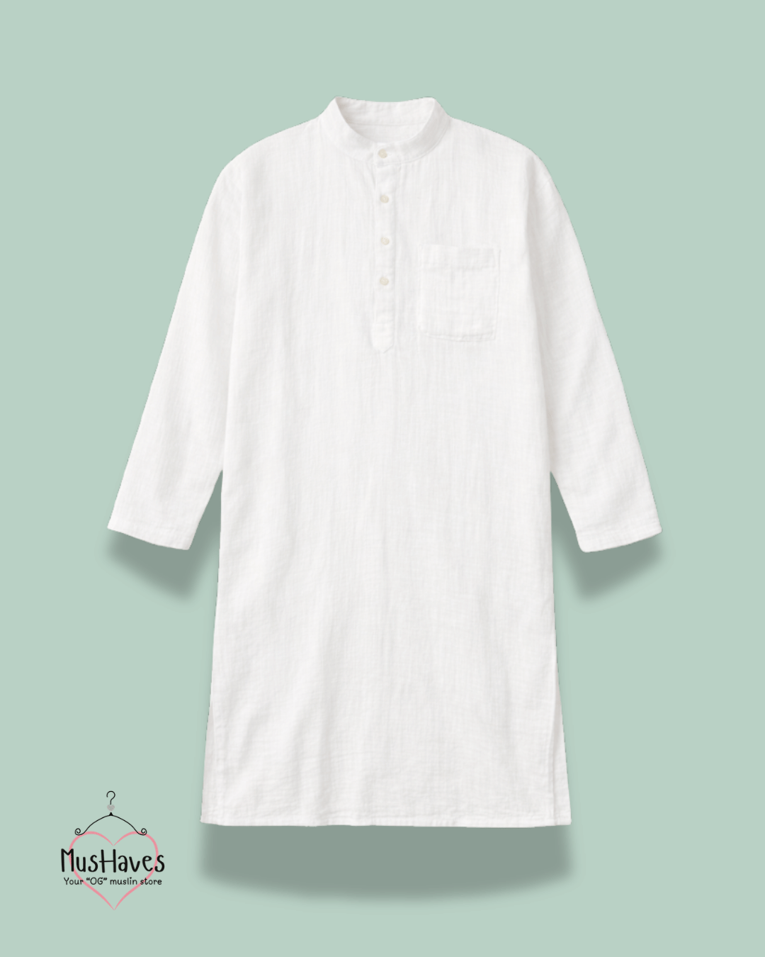 Premium Mulmul Long Kurta | 100% Organic Cotton | Men | Mushaves Classic | Pearl White