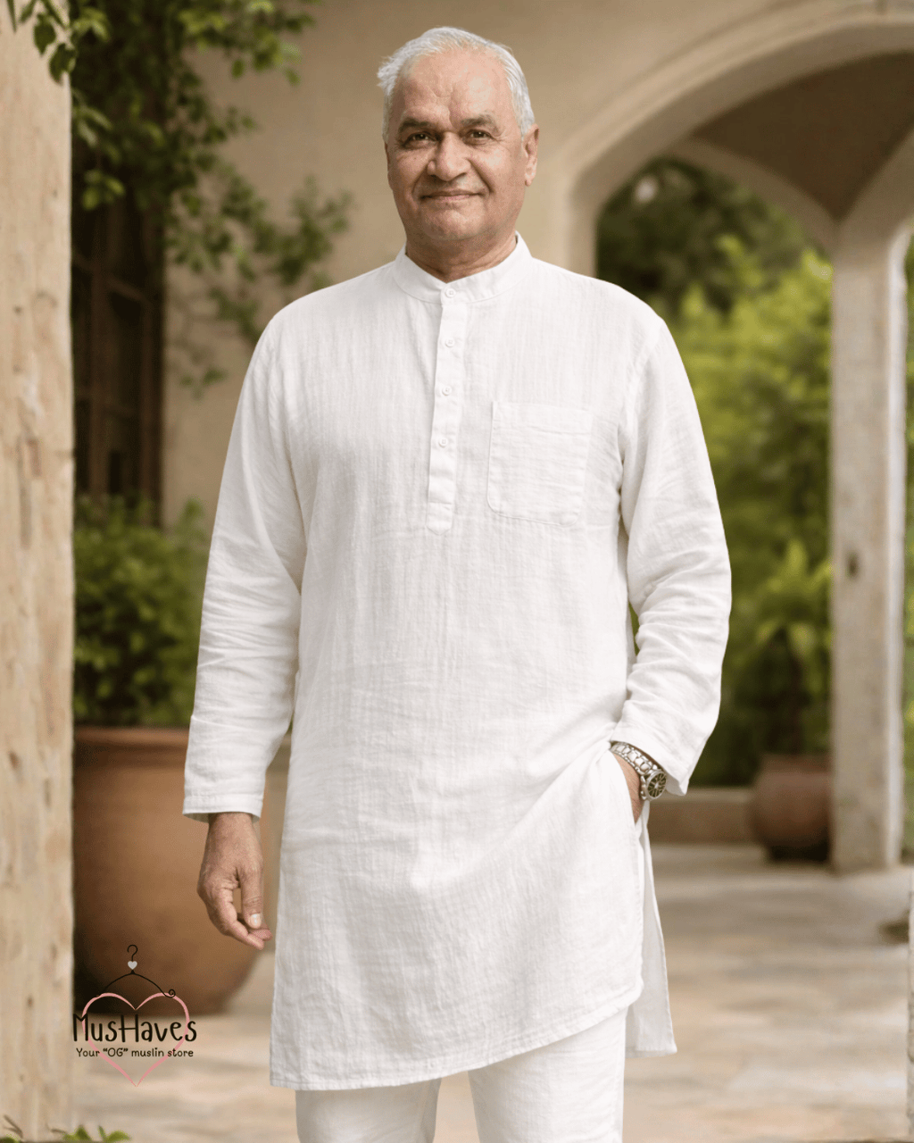 Festive Muslin Bandhgala Long Kurta – Pearl White