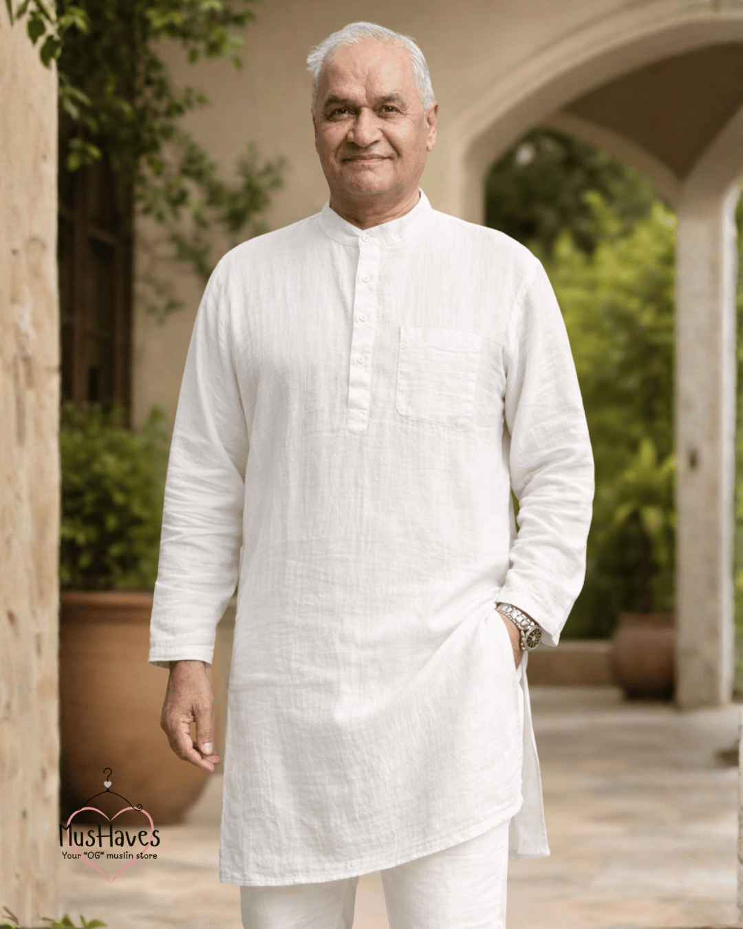 Premium Mulmul Long Kurta | 100% Organic Cotton | Men | Mushaves Classic | Pearl White