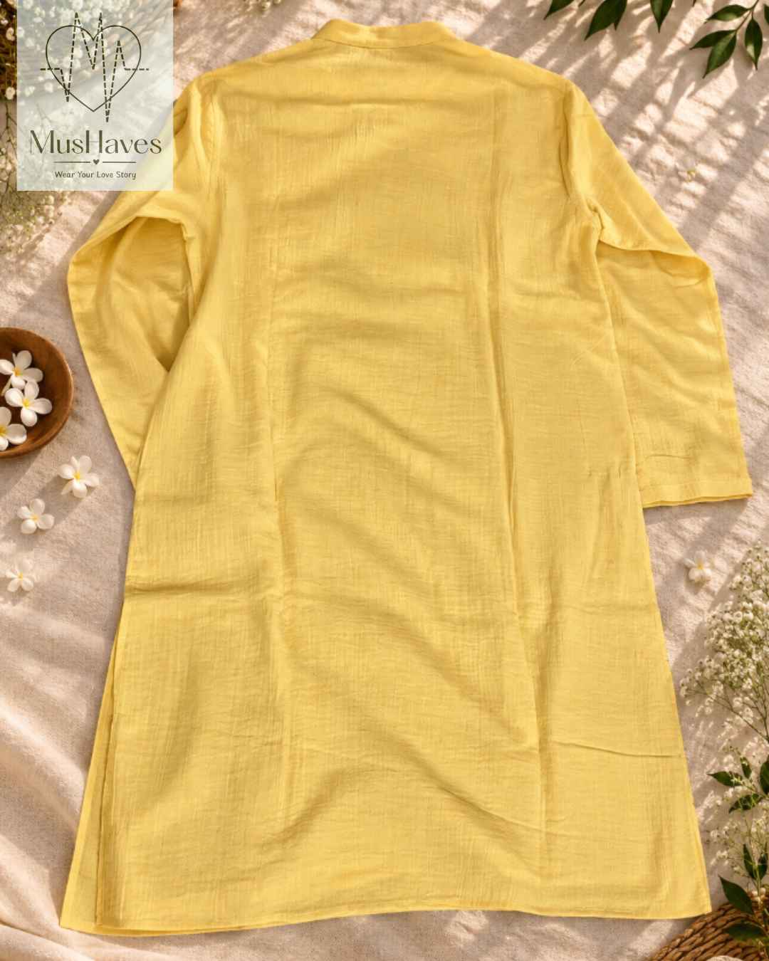 Festive Muslin Bandhgala Long Kurta – Yellow