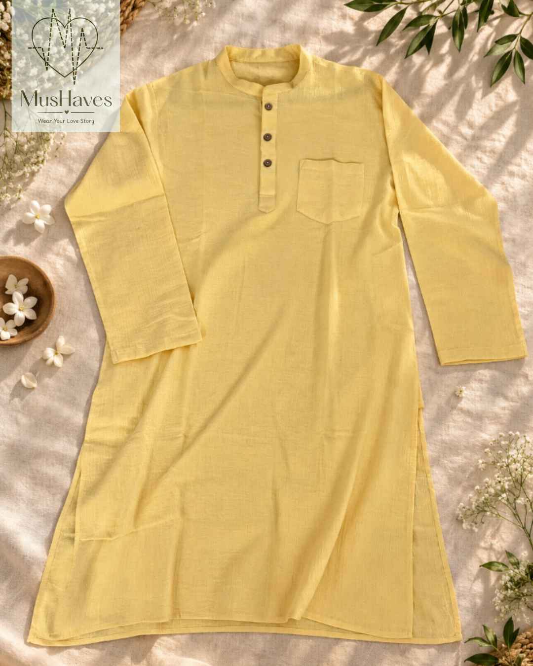 Festive Muslin Bandhgala Long Kurta – Yellow