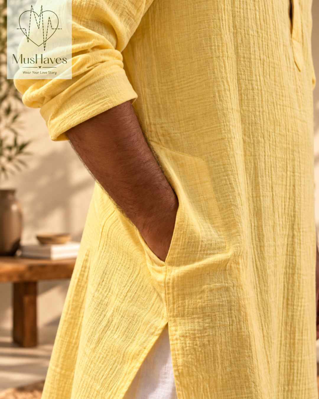 Festive Muslin Bandhgala Long Kurta – Yellow