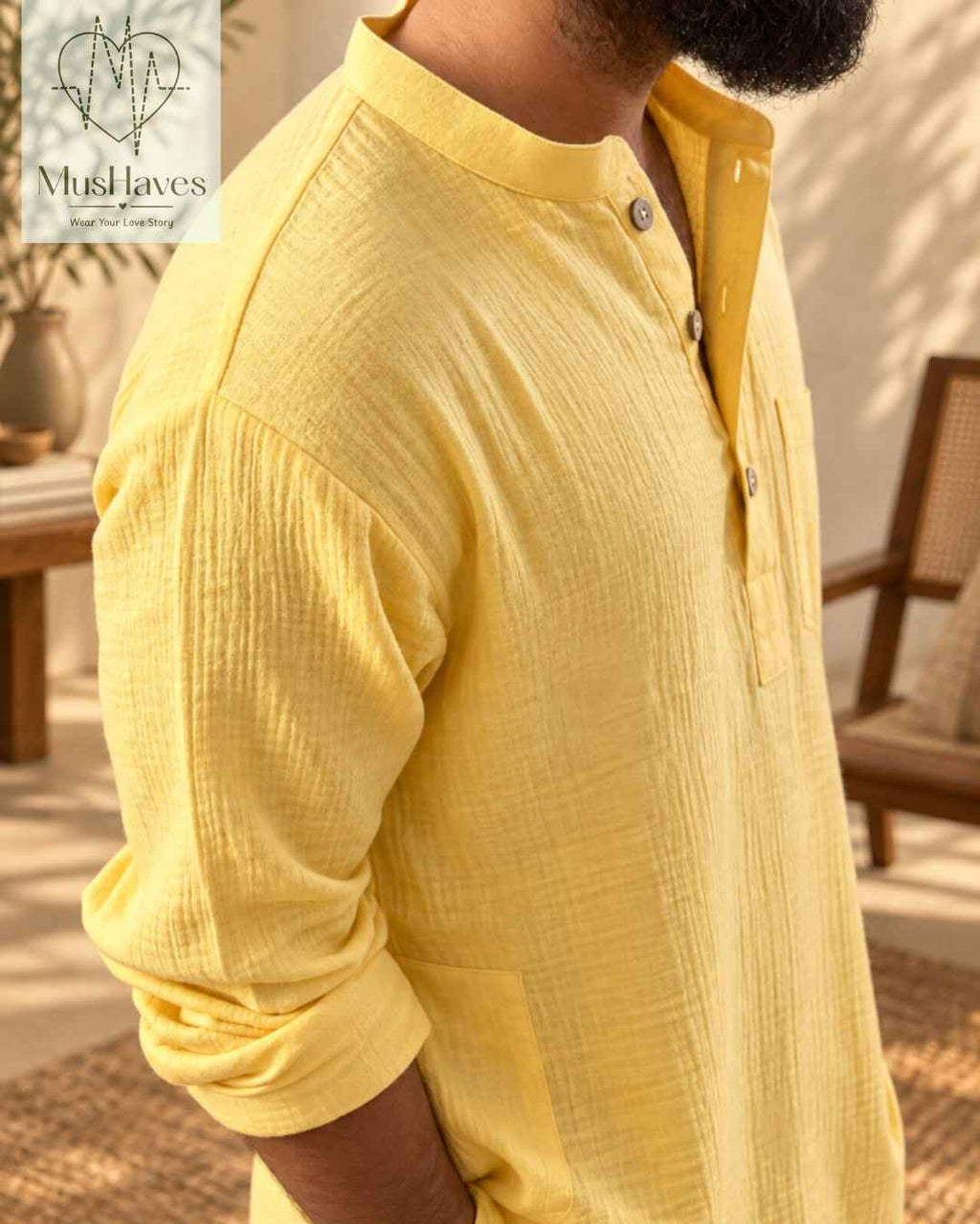 Festive Muslin Bandhgala Long Kurta – Yellow
